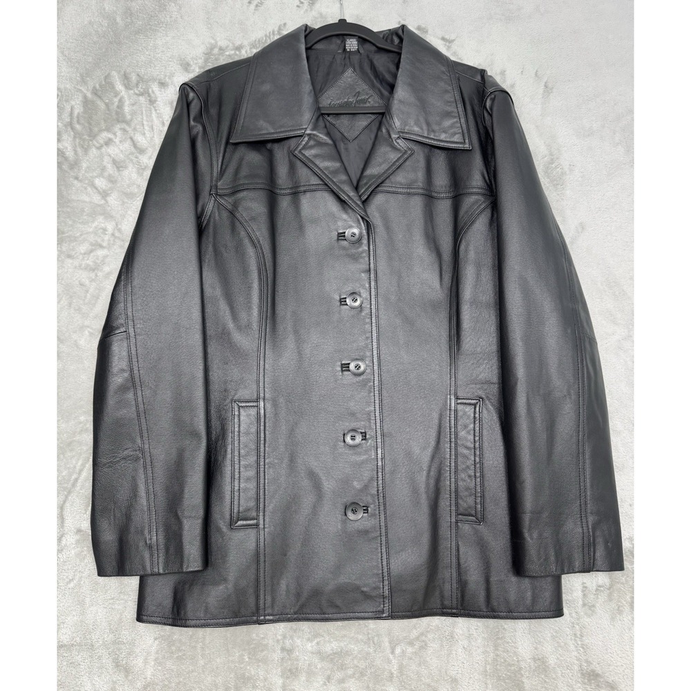 Vintage Jacqueline Ferrar Black Leather Jacket Womens XL Pea‎ Coat Biker 90s Y2K